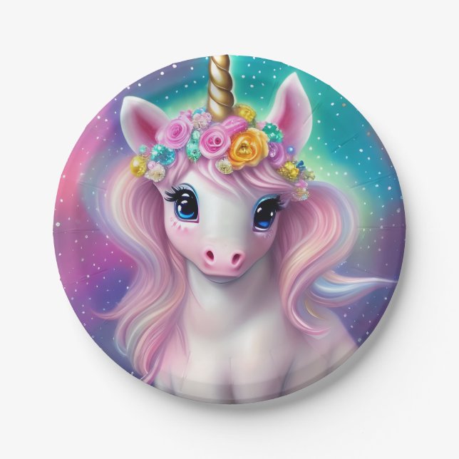 Farbenfrohe Fantasie Kawaii Unicorn Pappteller (Vorderseite)