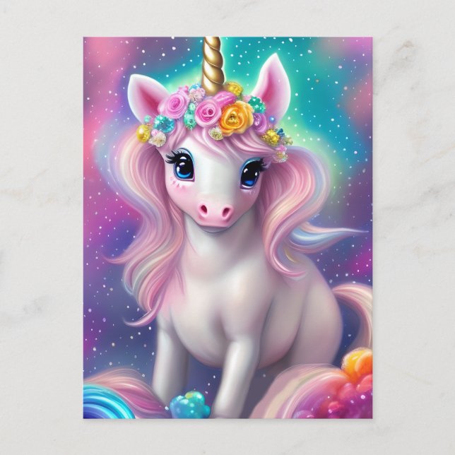 Farbenfrohe Fantasie Kawaii Unicorn Postkarte (Vorderseite)