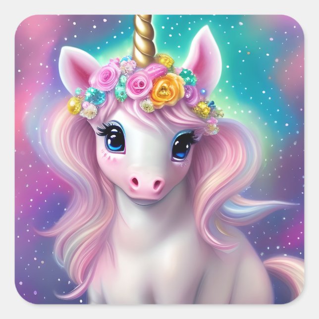 Farbenfrohe Fantasie Kawaii Unicorn Quadratischer Aufkleber (Vorderseite)