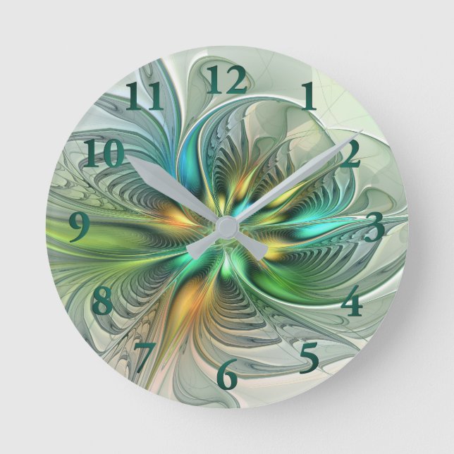 Farbenfrohe Fantasie Moderne Abstrakte Blume Frakt Runde Wanduhr (Vorderseite)