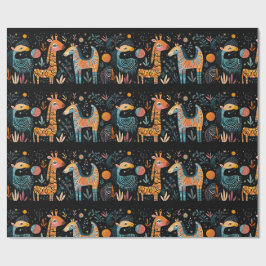 Farbenfrohe fantasievolle Tiere auf schwarz Geschenkpapier