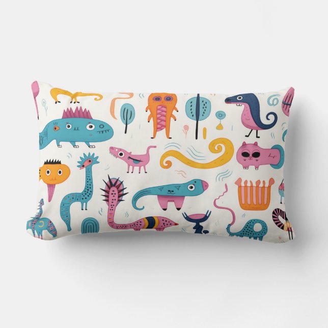 Farbenfrohe Fantasiewesen auf weiß Lendenkissen (Vorderseite)