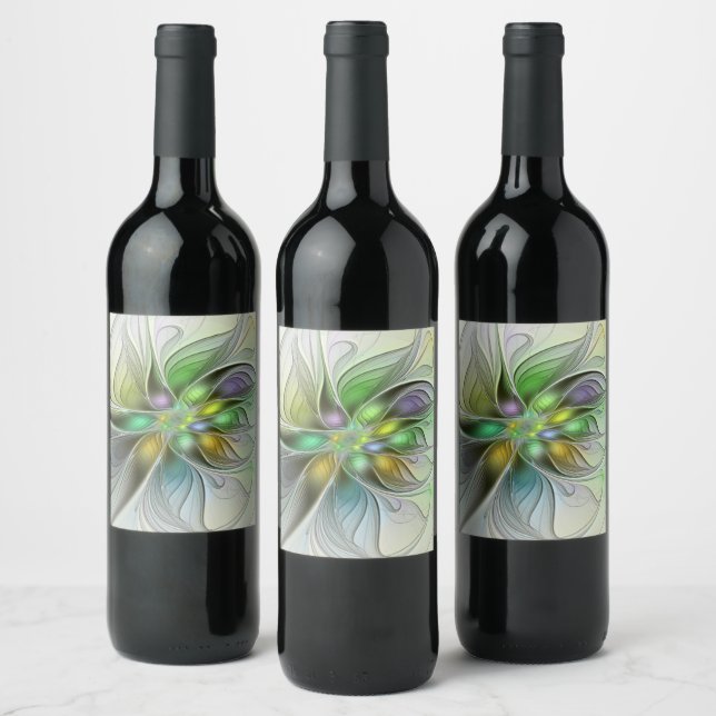Farbenfrohe Fantasy-Blume Modernes Abstraktes Frak Weinetikett (Flaschen)