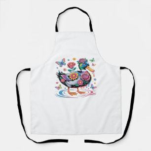 Farbenfrohe Fantasy-Duck mit Blume und Schmetterli Schürze