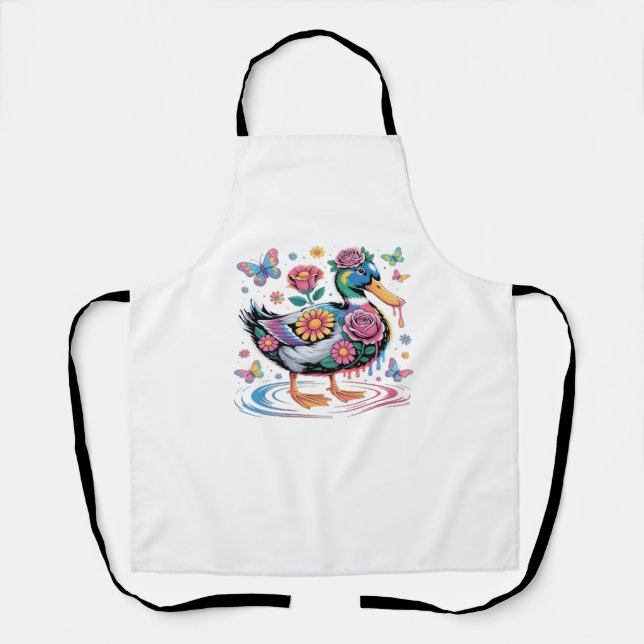 Farbenfrohe Fantasy-Duck mit Blume und Schmetterli Schürze (Vorderseite)