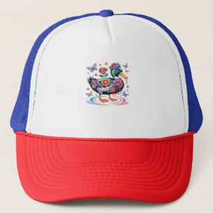 Farbenfrohe Fantasy-Duck mit Blume und Schmetterli Truckerkappe