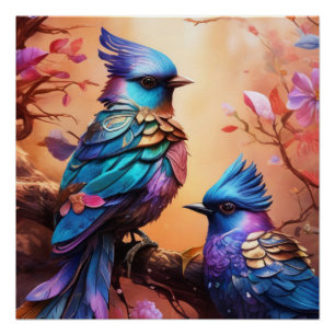 Farbenfrohe Fantasy-Vögel Poster