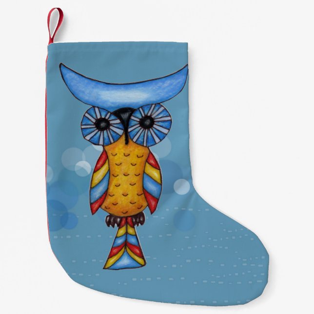 Farbenfrohe Fantasy Whimsical Owl Kleiner Weihnachtsstrumpf (Vorderseite)