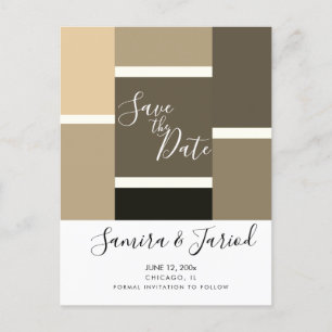Farbenfrohe Farbblock-Brauntöne Save-the-Date Postkarte