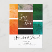 Farbenfrohe Farbblockmarmor Save the Date Postkart