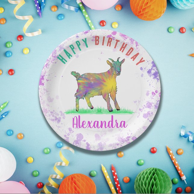 Farbenfrohe Farm Goat Girls Geburtsname Pappteller (Cute goat colorful watercolor custom birthday party paper plate)