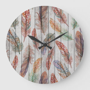Farbenfrohe Federn, Aquarell Nahtlos Design. Große Wanduhr