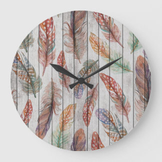 Farbenfrohe Federn, Aquarell Nahtlos Design. Große Wanduhr