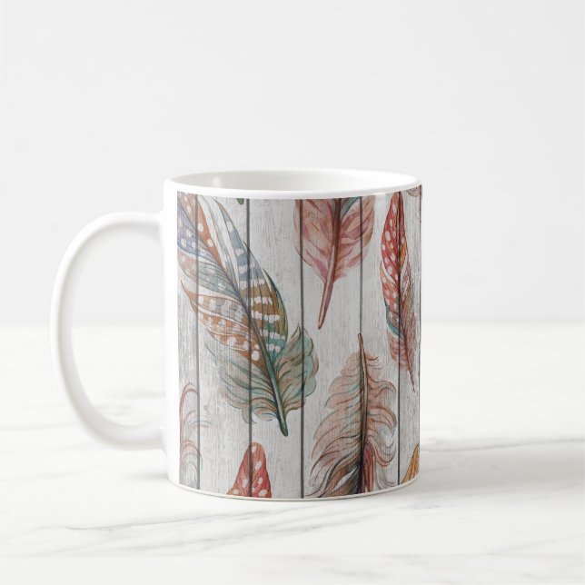 Farbenfrohe Federn, Aquarell Nahtlos Design. Kaffeetasse (Links)