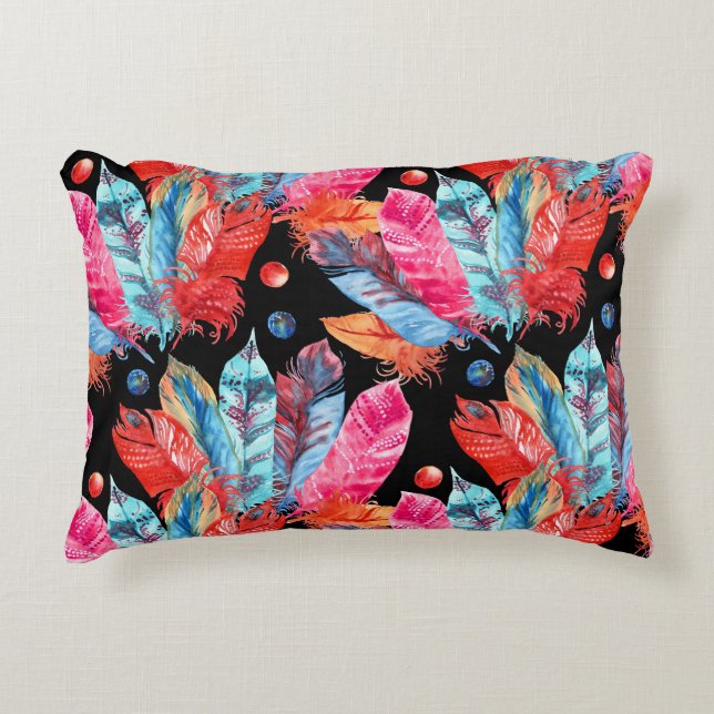 Farbenfrohe Federn, boho, nahtlos, lebendig. Dekokissen (Vorderseite)