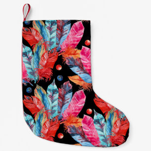 Farbenfrohe Federn, boho, nahtlos, lebendig. Kleiner Weihnachtsstrumpf