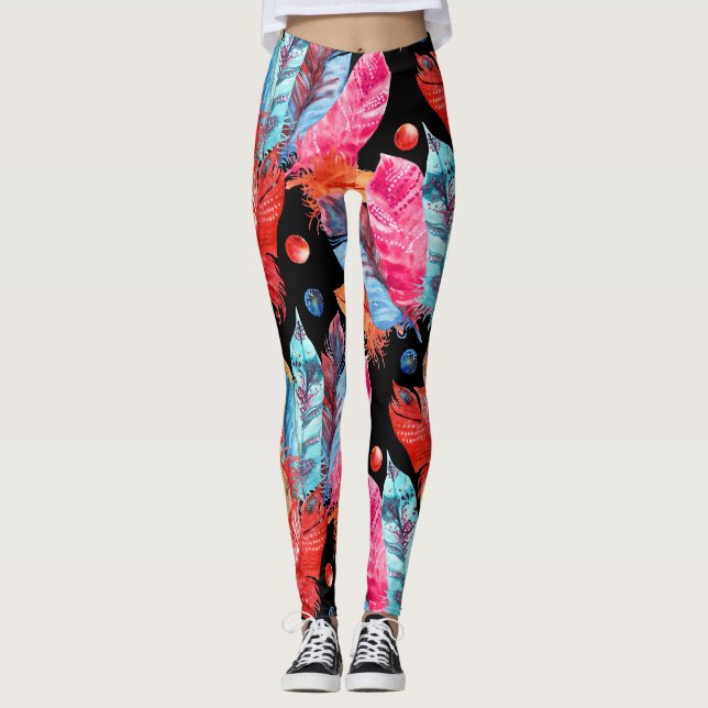 Farbenfrohe Federn, boho, nahtlos, lebendig. Leggings (Vorderseite)