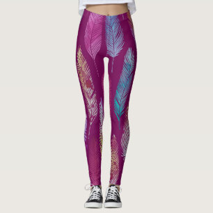 Farbenfrohe Federn: lila Hintergrundmuster. Leggings