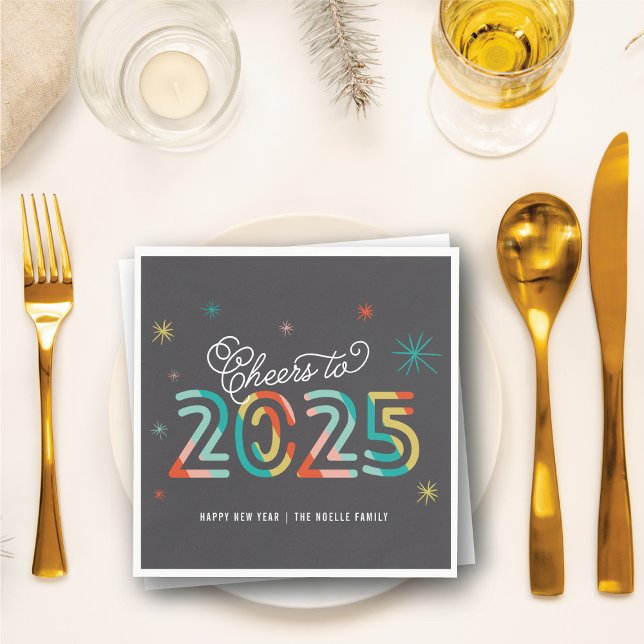 Farbenfrohe Feier 2025 Mod Neujahrsparty Serviette (Colorful Cheers 2025 Mod New Year Holiday Party Paper Napkins @ fat_fa_tin)