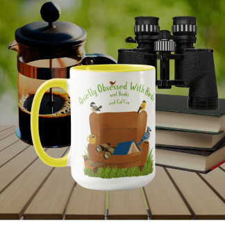 Farbenfrohe Feier der Vögel Bücher und Kaffee Tasse