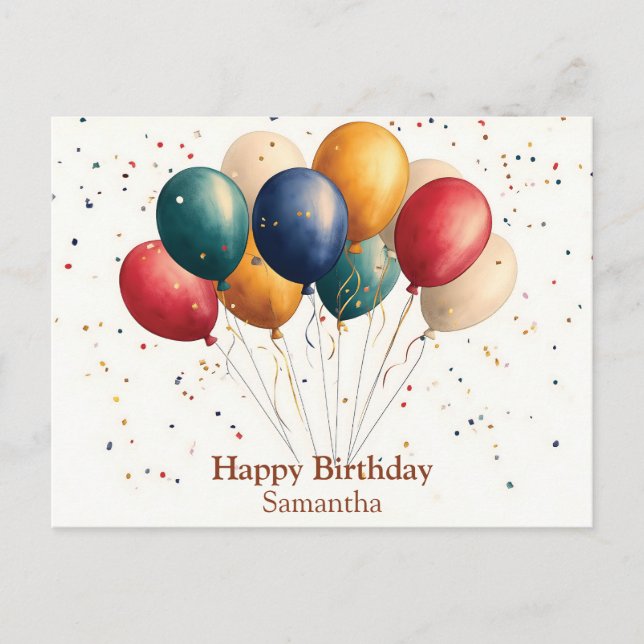 Farbenfrohe Feierlichkeiten Ballons mit Confetti Postkarte (Vorderseite)