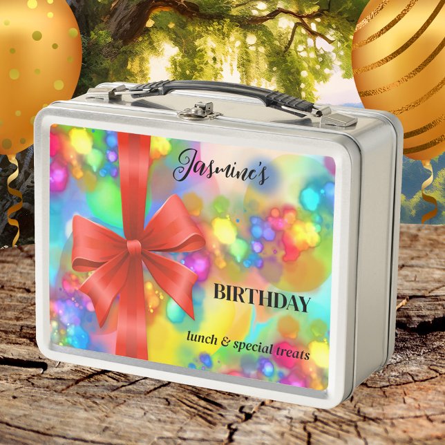 Farbenfrohe Feiertage Metall Brotdose (Lunch Box featuring a festive and colorful design with light sparkles and red ribbon. Birthday treat)