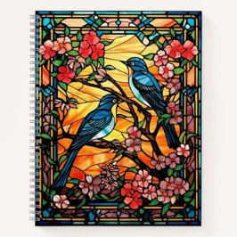 Farbenfrohe, festgeklemmte Glasvögel auf blühenden Notizbuch