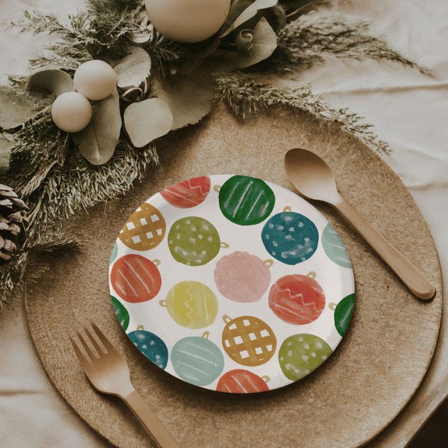 Farbenfrohe Festliche Wasserfarben Weihnachtsschmu Pappteller (Festive watercolor Christmas ornament baubles holiday party paper plates.)