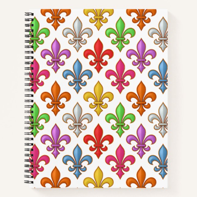 Farbenfrohe Fette Fleur-de-lis-Blumen Weiß Notizbuch (Vorderseite)