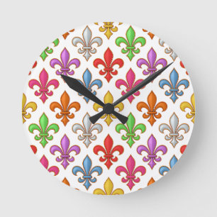 Farbenfrohe Fette Fleur-de-lis-Blumen Weiß Runde Wanduhr