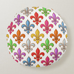 Farbenfrohe Fette Fleur-de-lis-Blumen Weiß Rundes Kissen