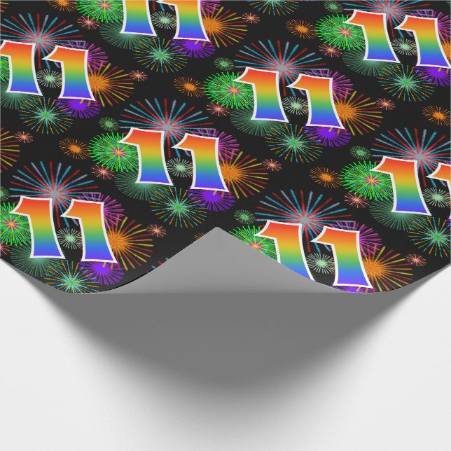 Farbenfrohe Feuerwerke + Regenbogenmuster "11" Ere Geschenkpapier (Ecke)