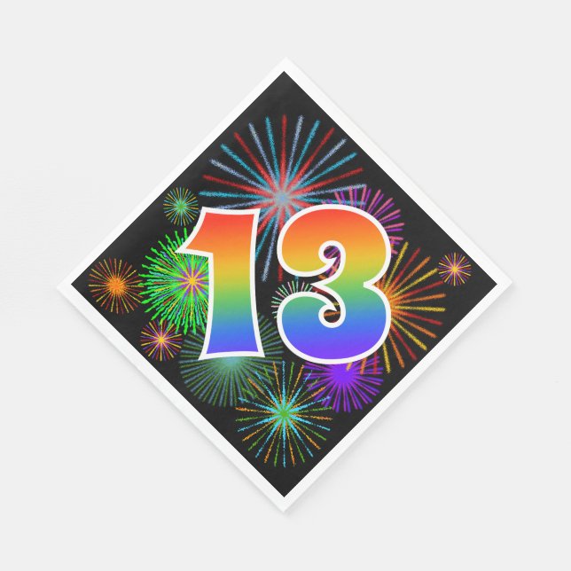 Farbenfrohe Feuerwerke + Regenbogenmuster "13" Ere Serviette (Ecke)