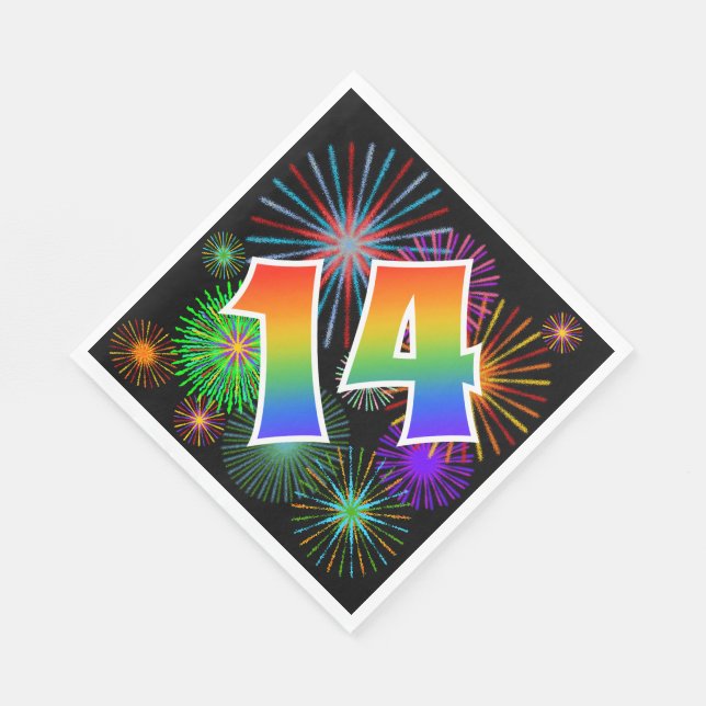 Farbenfrohe Feuerwerke + Regenbogenmuster "14" Ere Serviette (Ecke)