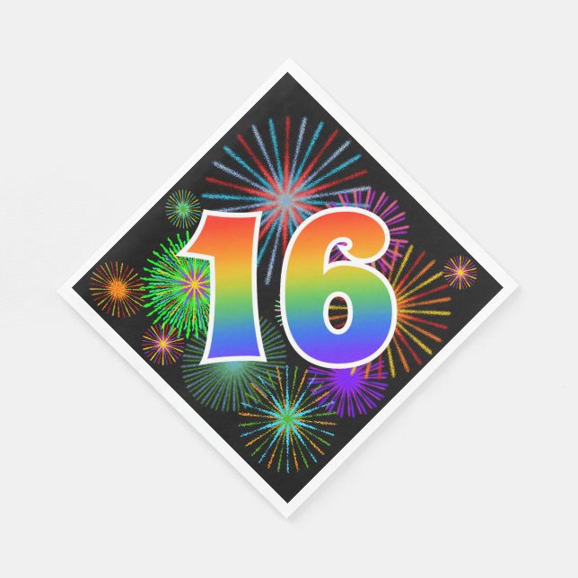 Farbenfrohe Feuerwerke + Regenbogenmuster "16" Ere Serviette (Ecke)