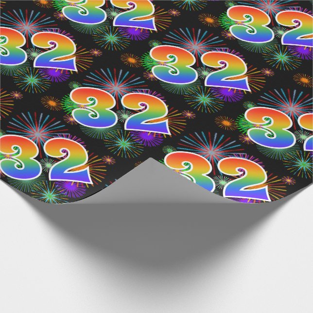 Farbenfrohe Feuerwerke + Regenbogenmuster "32" Ere Geschenkpapier (Ecke)