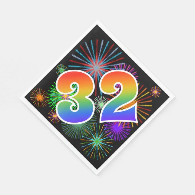 Farbenfrohe Feuerwerke + Regenbogenmuster "32" Ere Serviette (Ecke)