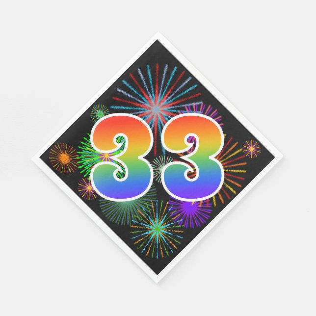 Farbenfrohe Feuerwerke + Regenbogenmuster "33" Ere Serviette (Ecke)