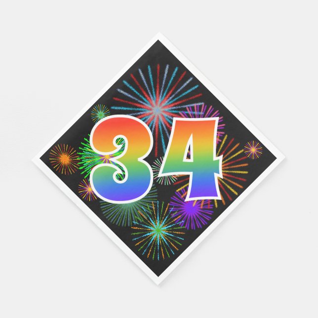 Farbenfrohe Feuerwerke + Regenbogenmuster "34" Ere Serviette (Ecke)