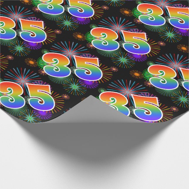 Farbenfrohe Feuerwerke + Regenbogenmuster "35" Eve Geschenkpapier (Ecke)