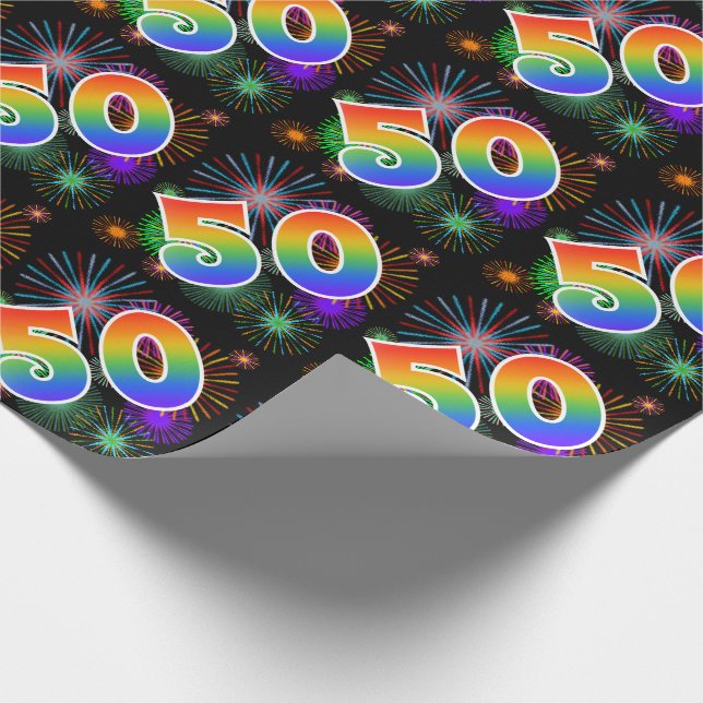 Farbenfrohe Feuerwerke + Regenbogenmuster "50" Eve Geschenkpapier (Ecke)