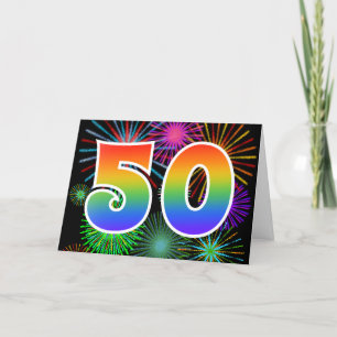 Farbenfrohe Feuerwerke + Regenbogenmuster "50" Eve Karte