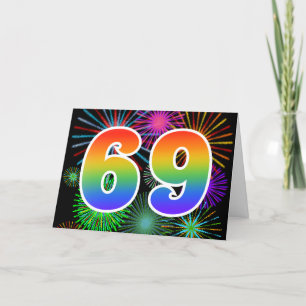 Farbenfrohe Feuerwerke + Regenbogenmuster "69" Eve Karte