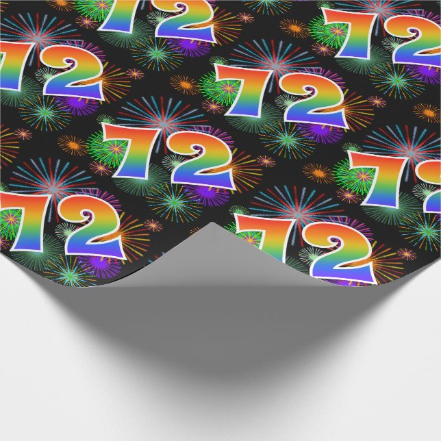 Farbenfrohe Feuerwerke + Regenbogenmuster "72" Ere Geschenkpapier (Ecke)