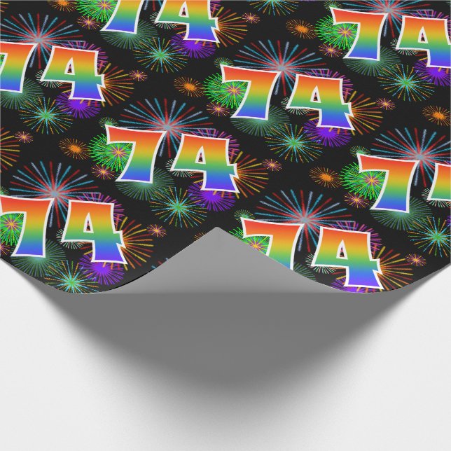 Farbenfrohe Feuerwerke + Regenbogenmuster "74" Eve Geschenkpapier (Ecke)
