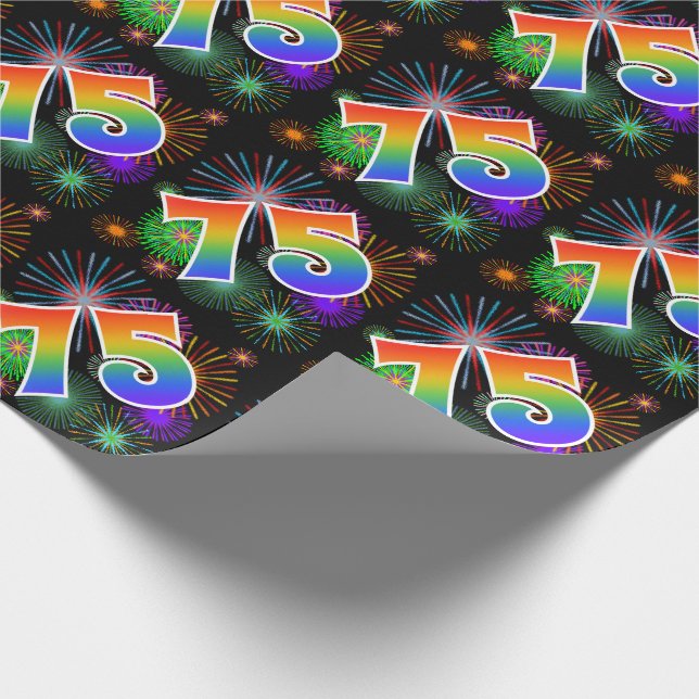 Farbenfrohe Feuerwerke + Regenbogenmuster "75" Eve Geschenkpapier (Ecke)