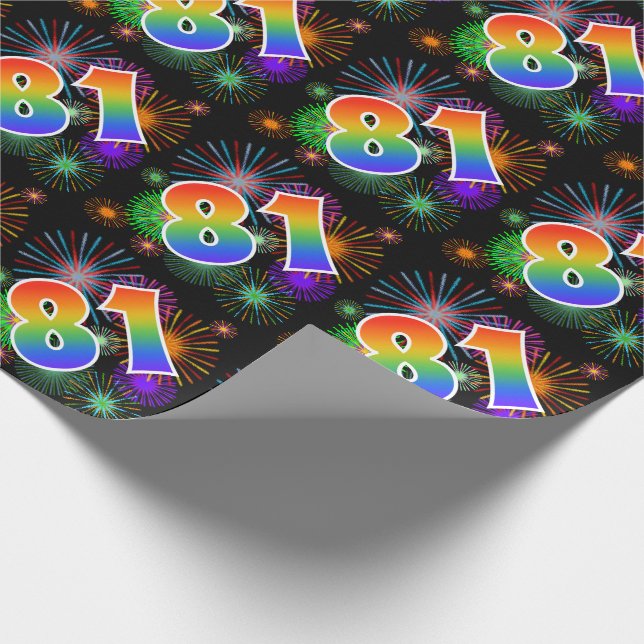Farbenfrohe Feuerwerke + Regenbogenmuster "81" Ere Geschenkpapier (Ecke)