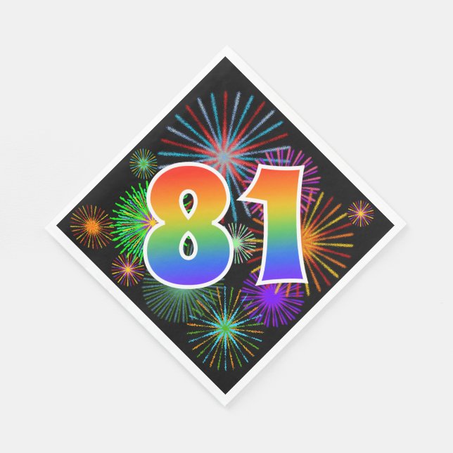 Farbenfrohe Feuerwerke + Regenbogenmuster "81" Ere Serviette (Ecke)