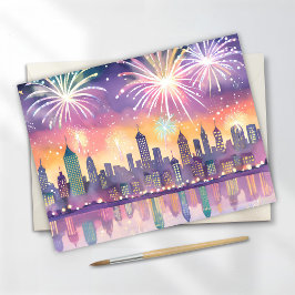 Farbenfrohe Feuerwerke Stadt Wasserfarbe | Lofi Ne Feiertagspostkarte