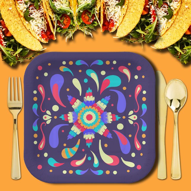 Farbenfrohe Fiesta Blue Pappteller (Colorful Mexican Fiesta Pinata Blue Square Paper Plates)